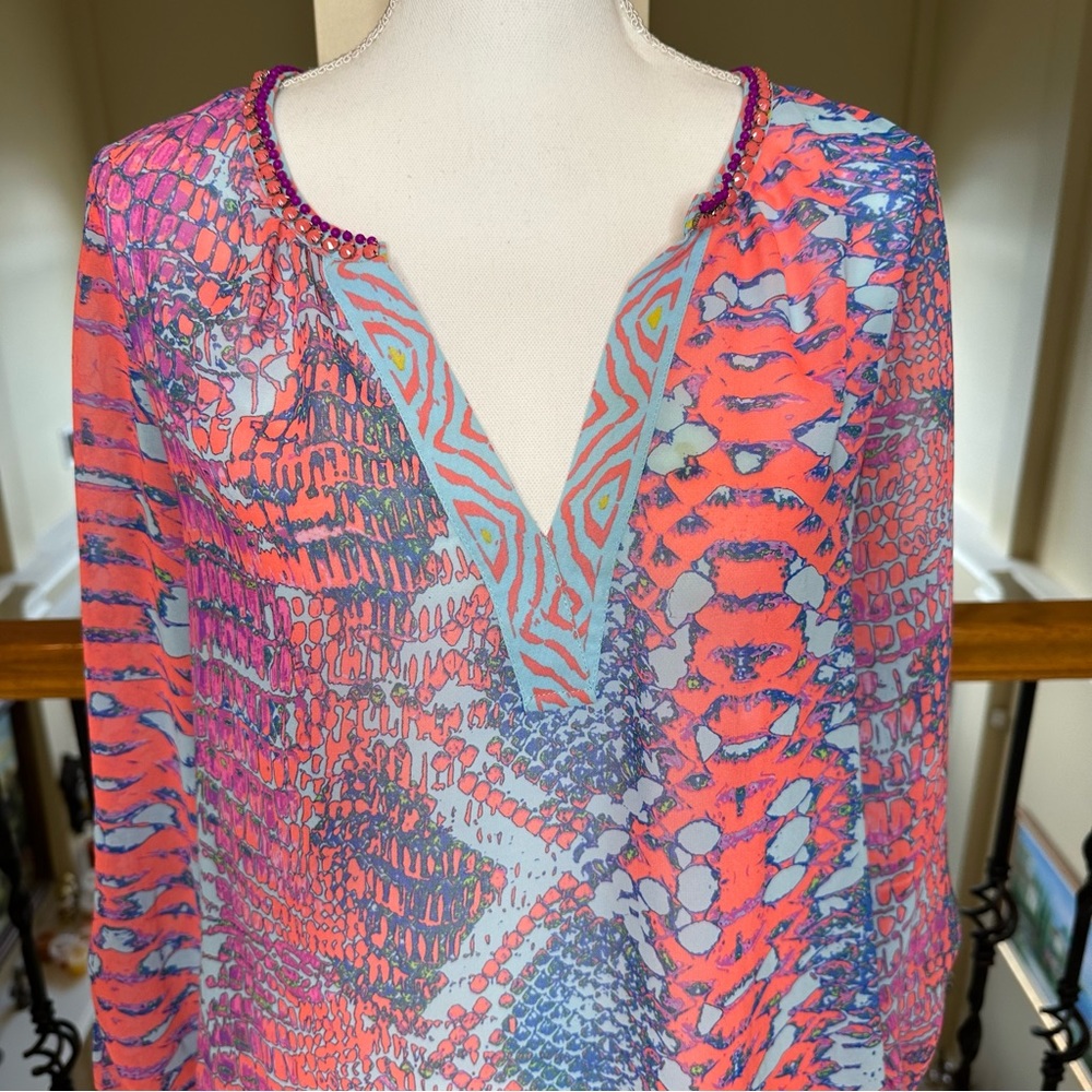 Hale Bob, Coral & Candy Blue Snakeskin print tunic blouse. Size M